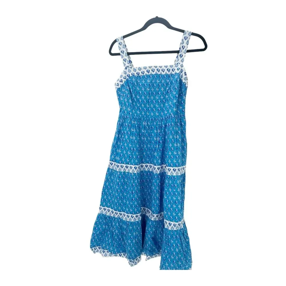 J. Crew Block Print Square Neck Smocked Floral Tiered Midi Dress Size 2 NWT_13